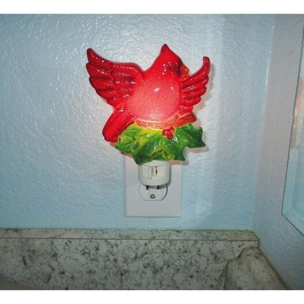 Vintage Red Cardinal Night Light Plug In Sugared Bird Decor Colorful Holiday 6"